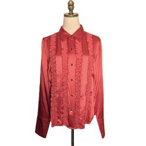 Liz Claiborne 100% Silk Satin Tuxedo Shirt Size 14 Dark Orange Ruffle Front